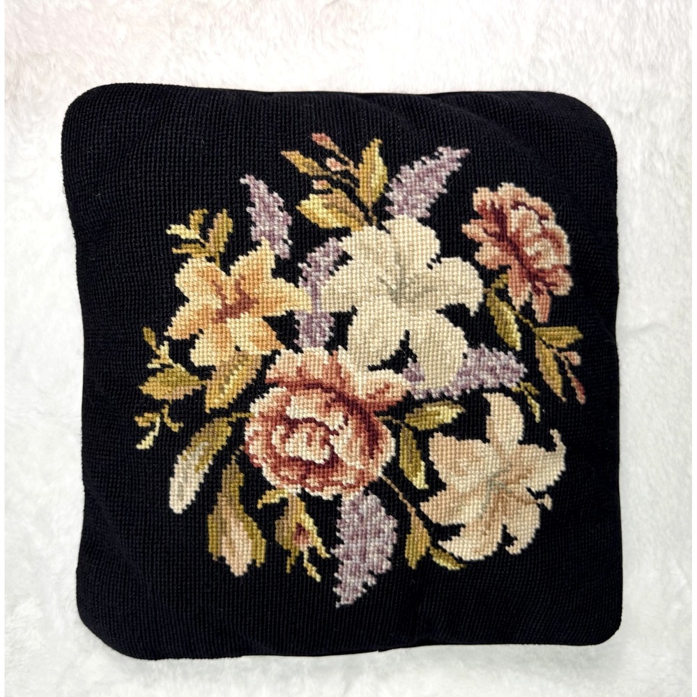 Vintage Wool Needlepoint Embroidered Pillow Floral Velvet Cottagecore Interiors